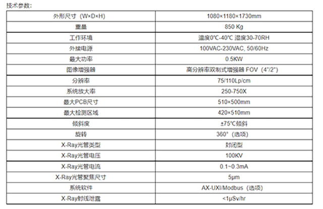 X-Ray检测设备参数